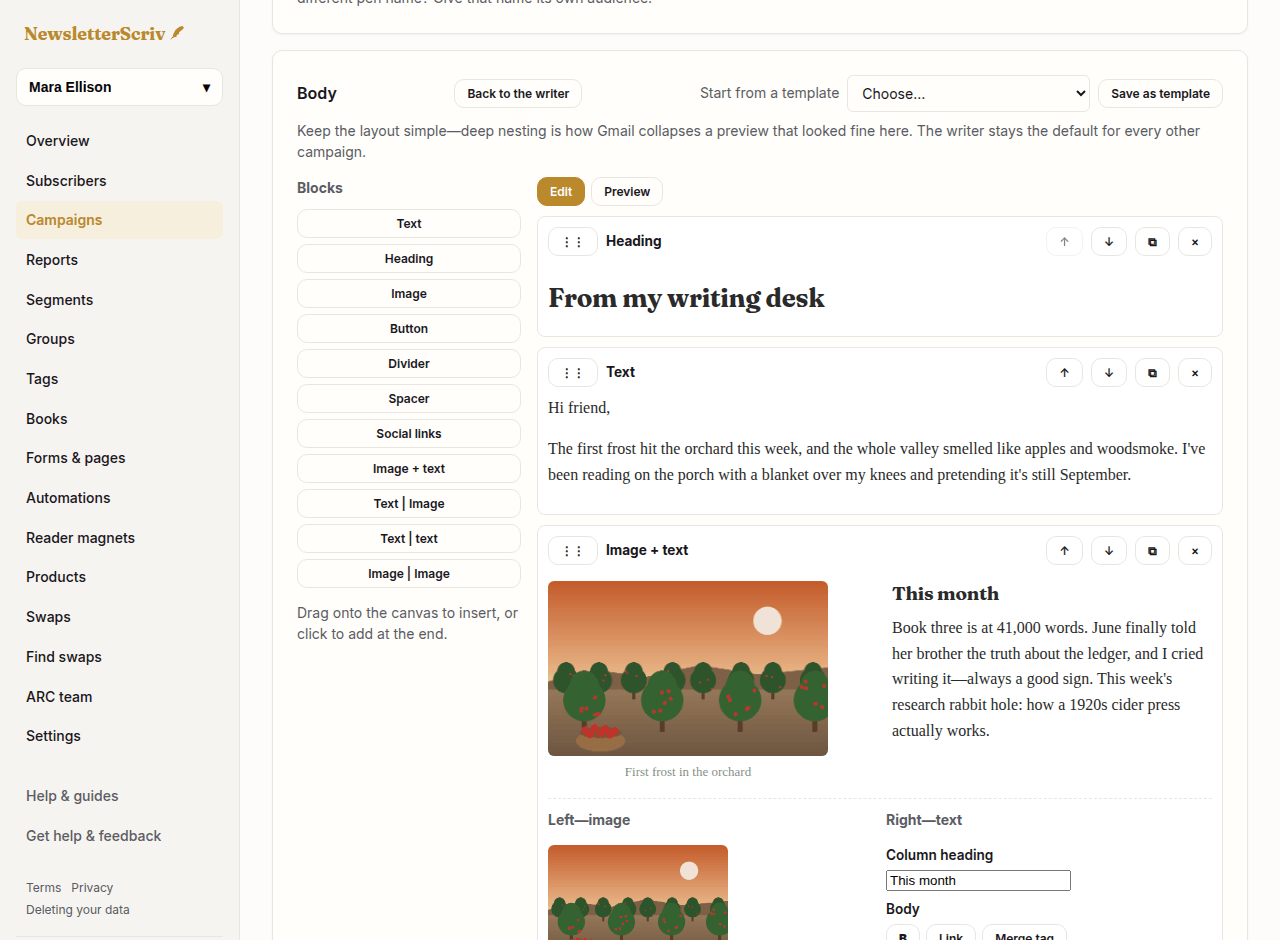 The composer in block layout: the block picker on the left, an image-and-text card open in the middle, its settings on the right