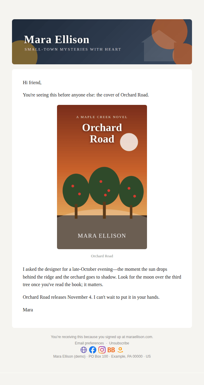 The Cover reveal starter: a large book cover with a short note beneath it