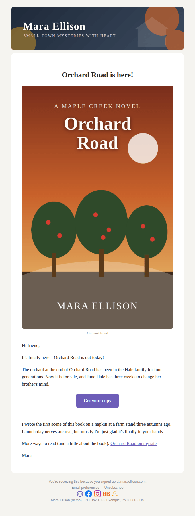 The New release starter: book cover, a blurb, and a row of retailer buttons