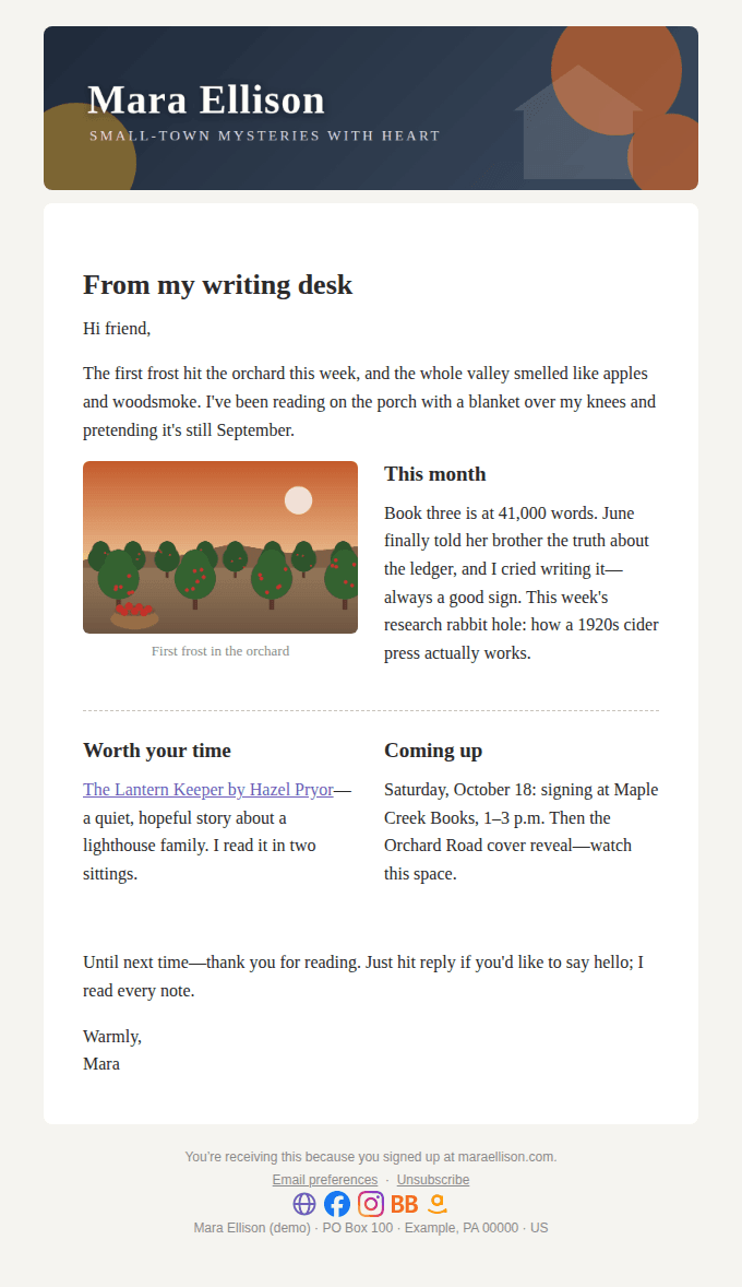 The Newsletter update starter as a reader sees it: brand header, a short note from the author, an orchard illustration, and a button