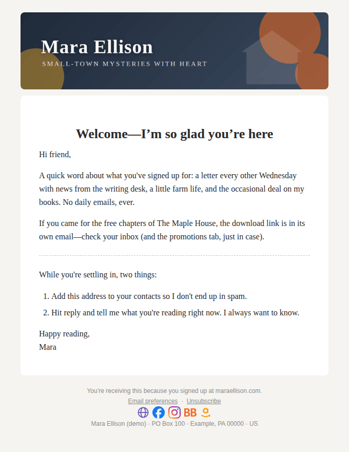 The Welcome email starter: a thank-you note and a download button for the free book