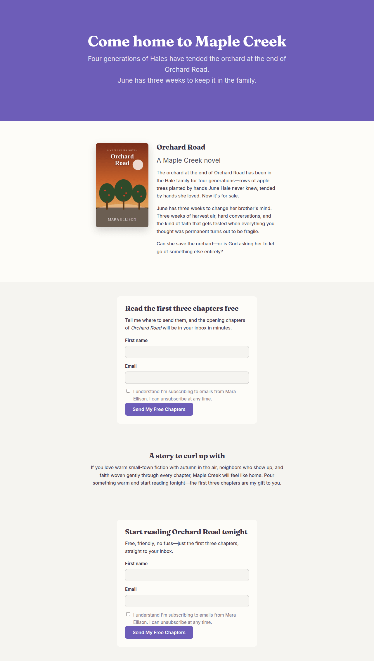 A hosted landing page for a book: cover, description, retailer links, and a signup form