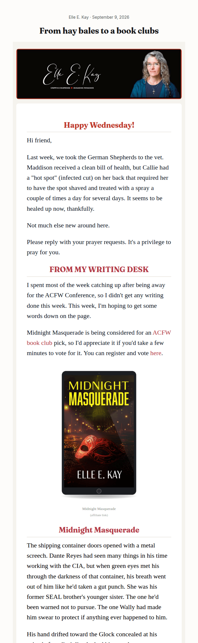 The first screen of a real newsletter from Elle E. Kay: a farm photo, a personal note, and a book club announcement