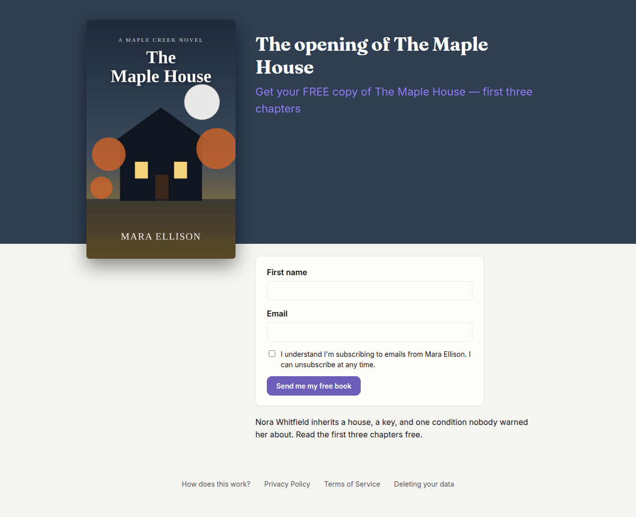 A hosted signup form for a free book: the cover, a short pitch, name and email fields, and a button